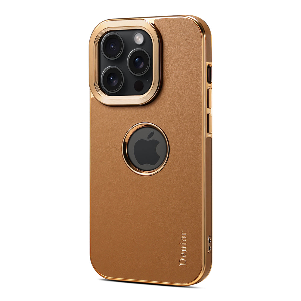 Luxury Business Cowhide Leather iPhone Case – Plating Shockproof Cover for iPhone Models, Sleek and Durable Design