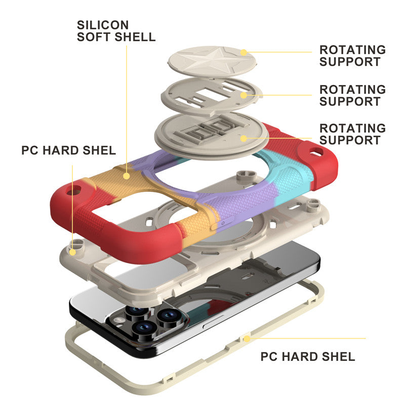 Shield Rotating Ring Rugged Stand iPhone Case – Star Design, Macaron Color Bumper Cover, Durable Protection for iPhone Models