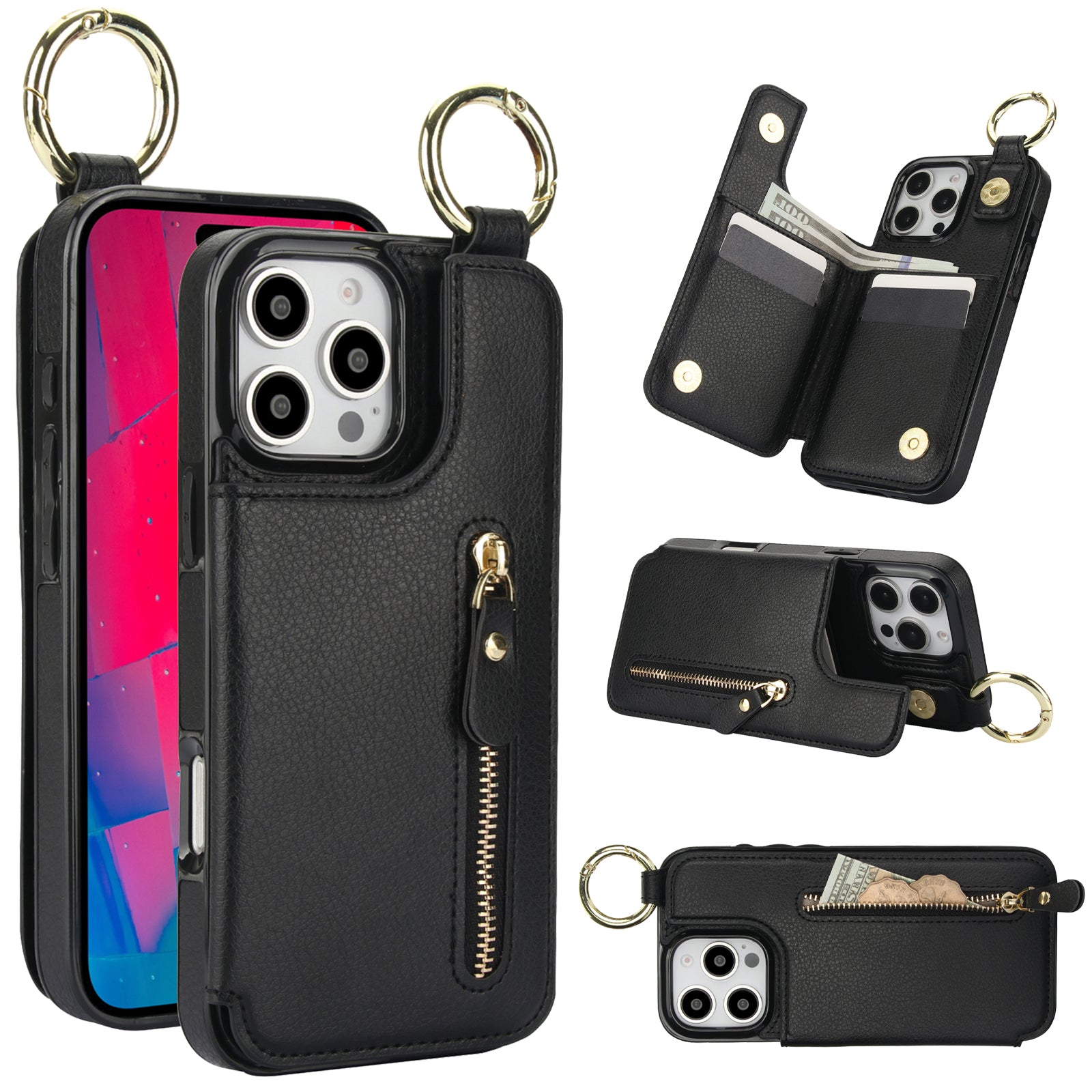 Luxuriöse iPhone-Hülle aus Leder im Brieftaschenformat mit Reißverschluss – Kartenhalter, Ringständer, stoßfester Schutz und Crossbody-Design für sicheren und stilvollen Komfort