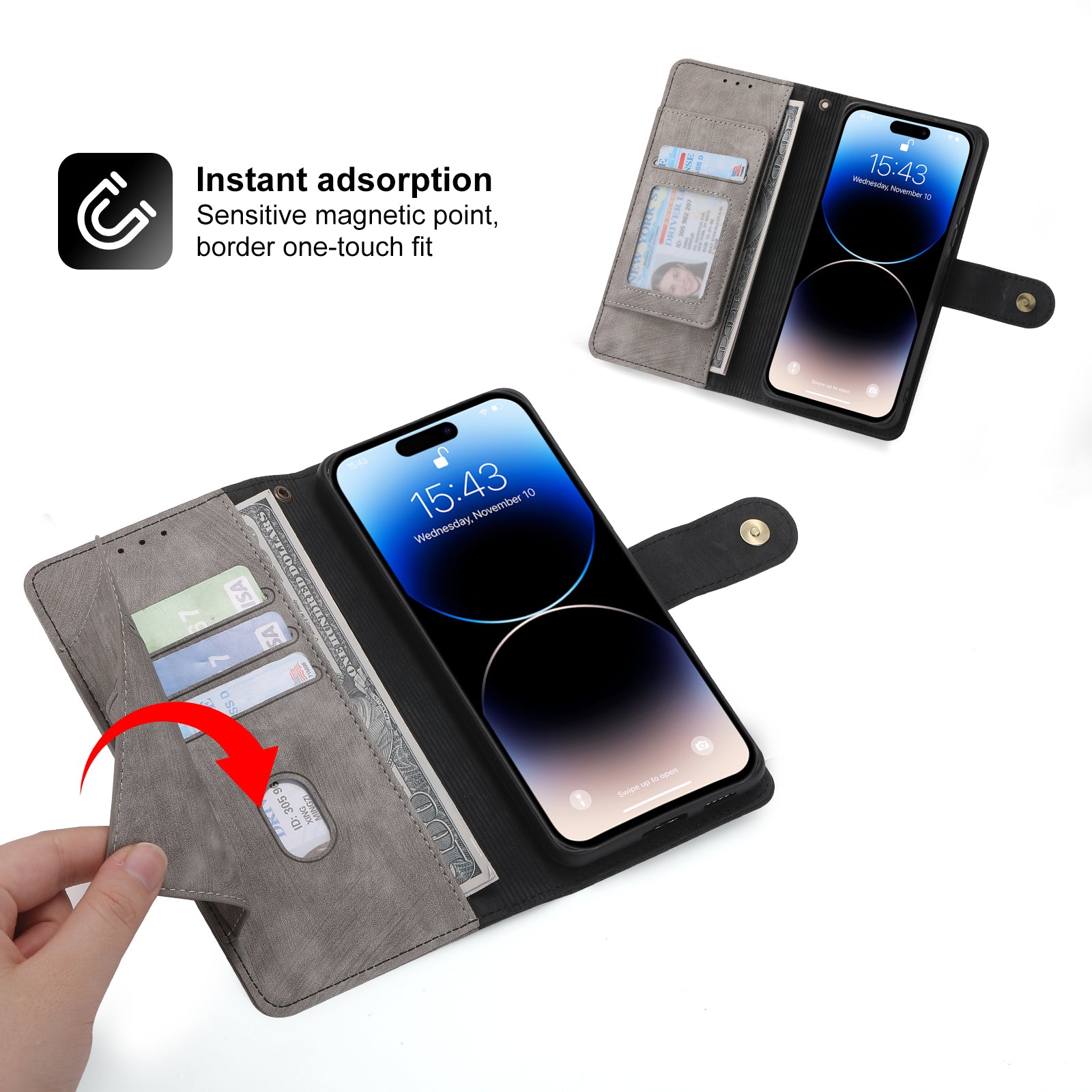 RFID-blockierende Leder-Brieftaschenhülle für iPhone – Klapphülle mit Reißverschluss, Kartenfach, magnetischer Ständer, stoßfester Schutz, Premium-Design für iPhone