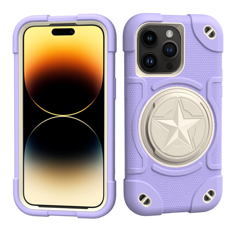 Shield Rotating Ring Rugged Stand iPhone Case – Star Design, Macaron Color Bumper Cover, Durable Protection for iPhone Models