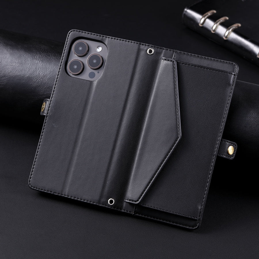 Luxury Dual-Layer Wallet iPhone Case – Flip Leather Cover with Card Slots, Photo Frame, 2 Lanyards, Shockproof Protection, and Stand Feature for iPhone
