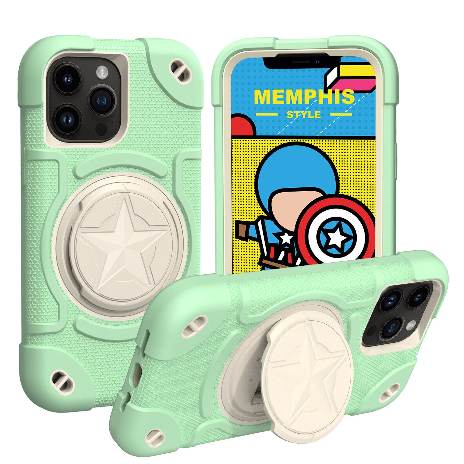 Shield Rotating Ring Rugged Stand iPhone Case – Star Design, Macaron Color Bumper Cover, Durable Protection for iPhone Models