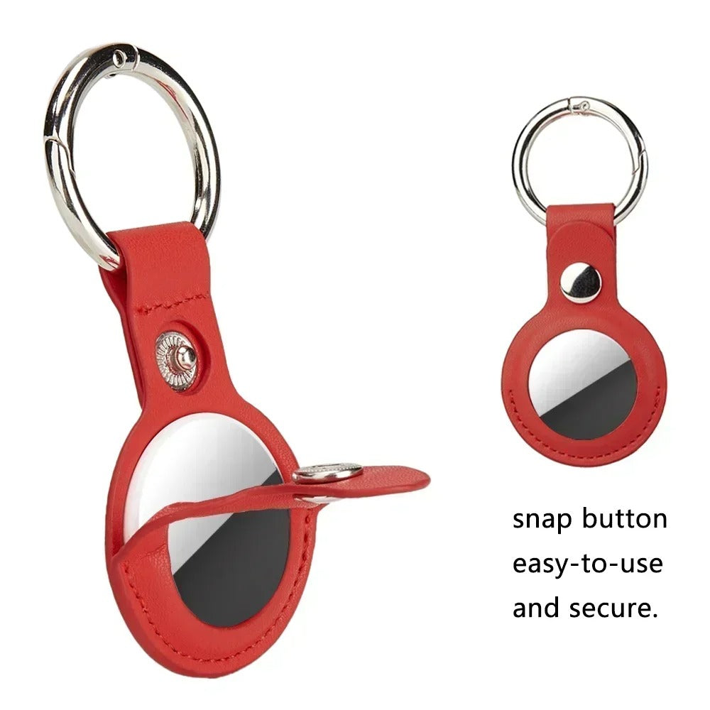 Luxury Leather AirTag Keychain Holder – Anti-Scratch Pet Tracker Cover, Secure Snap Button, Stylish Protective Case for iOS, Key Ring Included