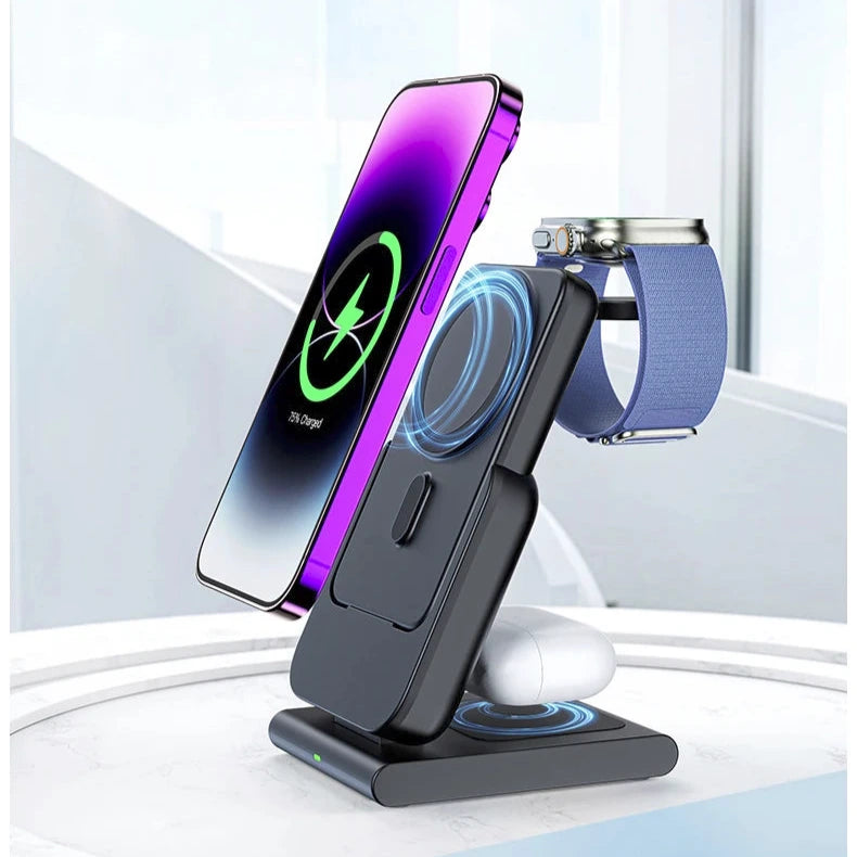 Hochwertige magnetische kabellose 3-in-1-Ladestation und tragbare Powerbank – Schnellladegerät für iPhone, Apple Watch und AirPods mit abnehmbarem Design 
