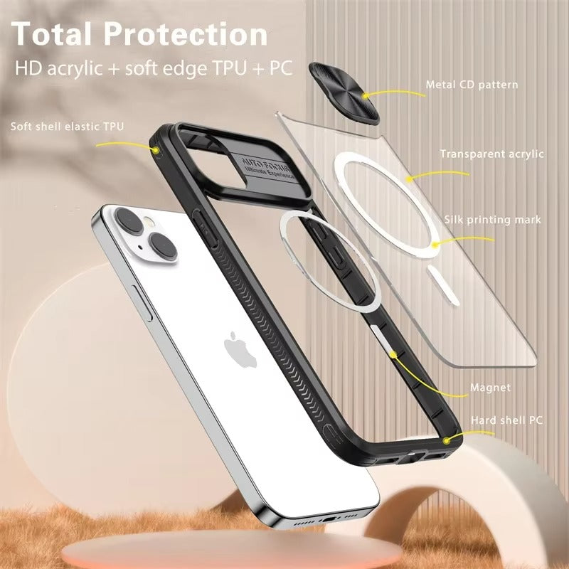 Premium Apple iPhone Case MagSafe Compatible, Camera Lens & Screen Protection,  Cover with Slide Lens & Clear Acrylic Back