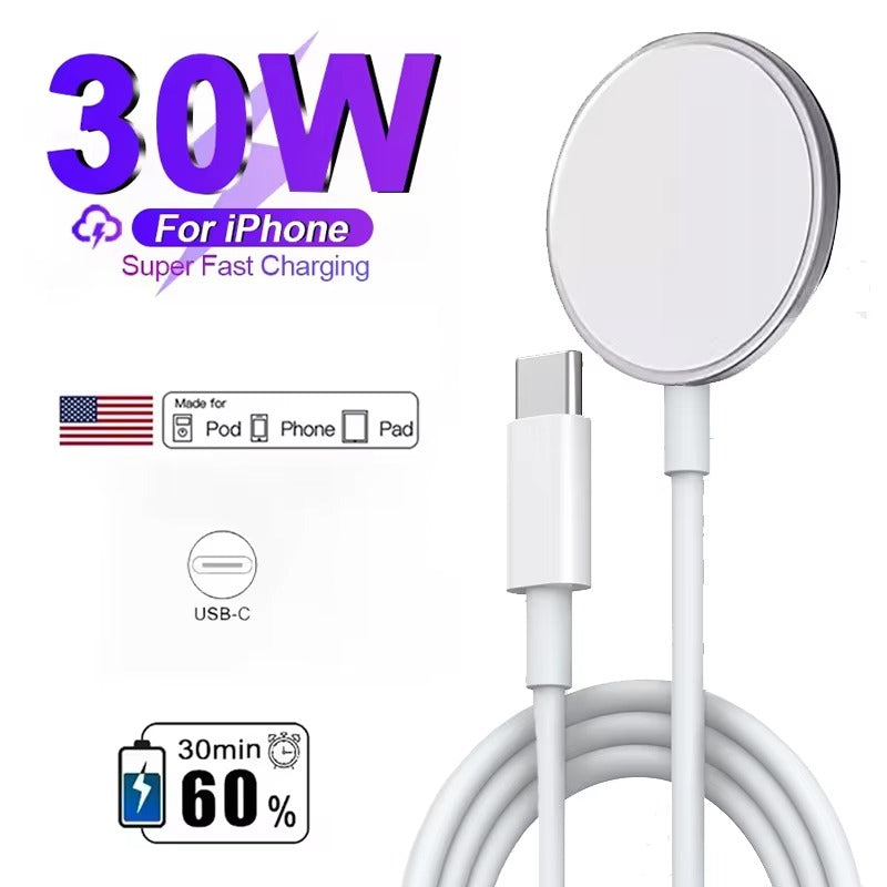 High-Speed 30W Magnetic Wireless Charger – MagSafe Fast Charging Pad with Type-C Cable for iPhone, Strong Adsorption, Case-Friendly, Signal Safe