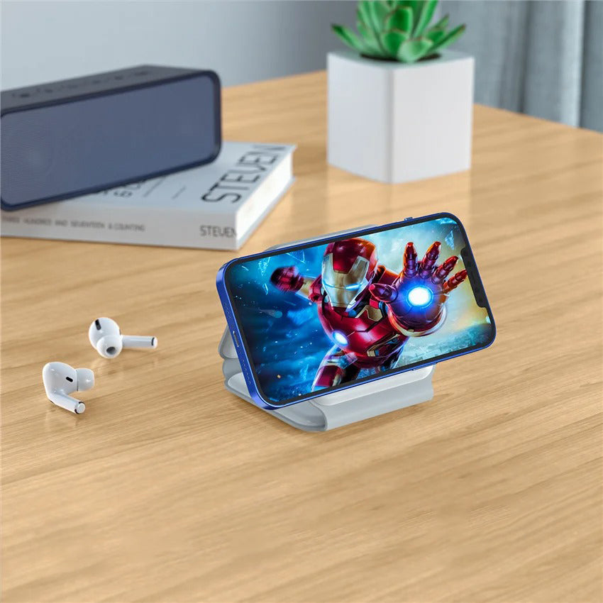 Premium 3 in 1 Magnetic Wireless Charger Pad – Portable Fast Charging Dock for iPhone, Apple Watch, AirPods with Foldable Stand, Type-C, 15W Output