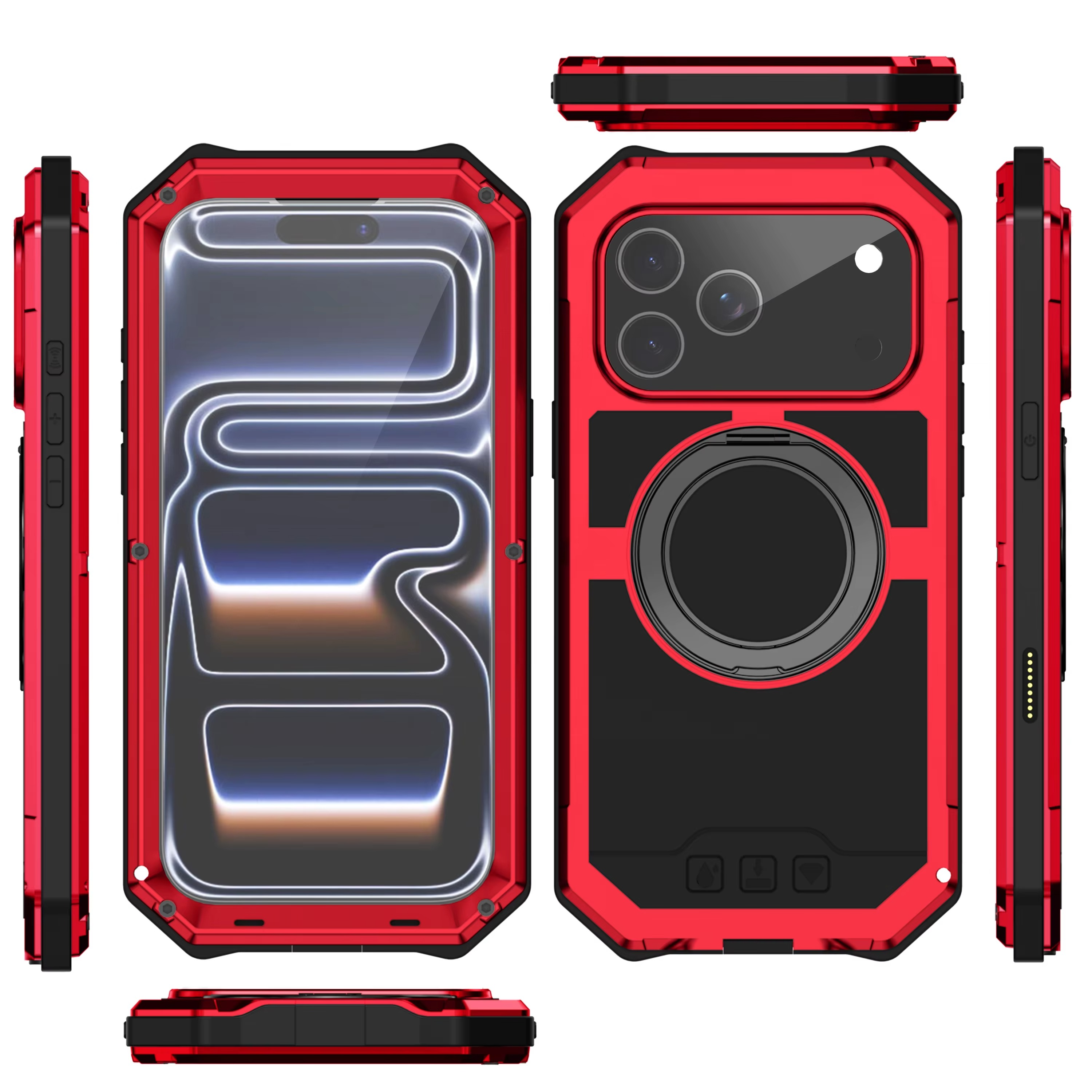 Premium Aluminum Armor iPhone Case – MagSafe Compatible Magnetic Cover with Built-in Kickstand, Glass Screen Protection and Shockproof Bumper