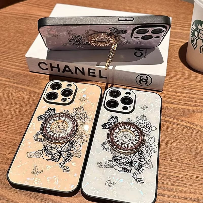 Luxury Apple iPhone Case, MagSafe Compatible, Camera Lens & Screen Protection, Ultra Thin, Shockproof, Magnetic Full All Around Cover – Butterfly Flower Pattern Silicone Case with Diamond Ring Holder & Hard Back Protection
