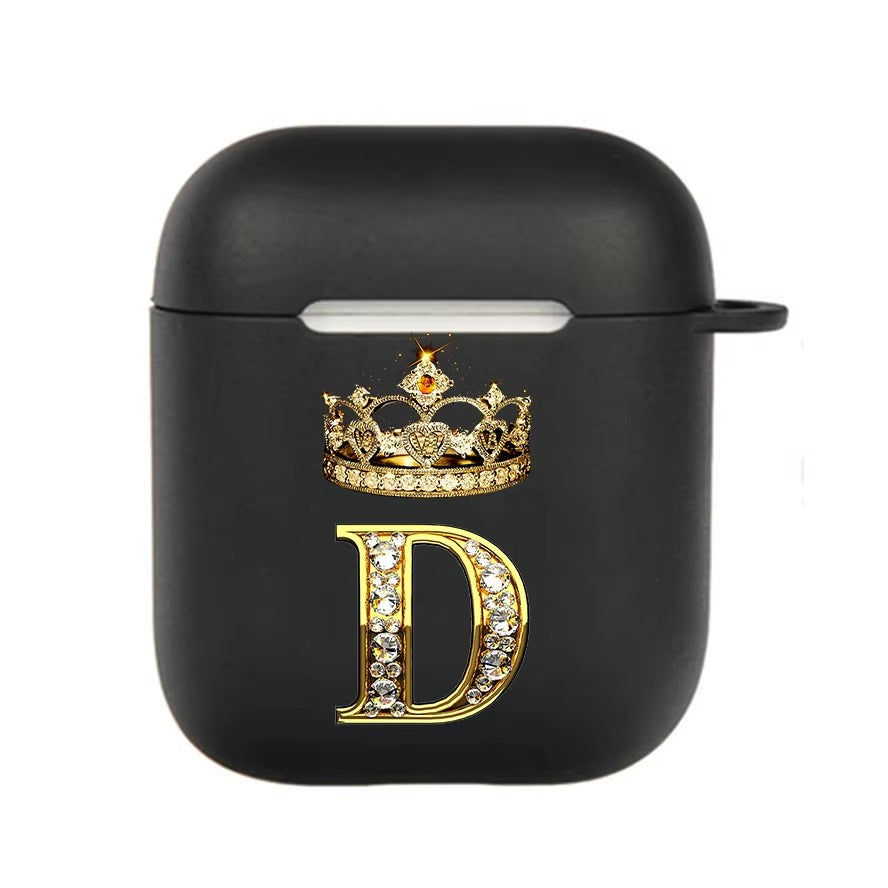 Luxury Diamond Letter AirPods Case with Hook – Black TPU Protective Cover for AirPods Pro 2, Pro, 3, 1/2, A–Z Initial Design, Scratch-Resistant, Easy Access Charging