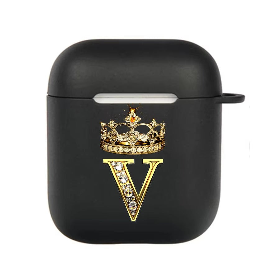 Luxury Diamond Letter AirPods Case with Hook – Black TPU Protective Cover for AirPods Pro 2, Pro, 3, 1/2, A–Z Initial Design, Scratch-Resistant, Easy Access Charging