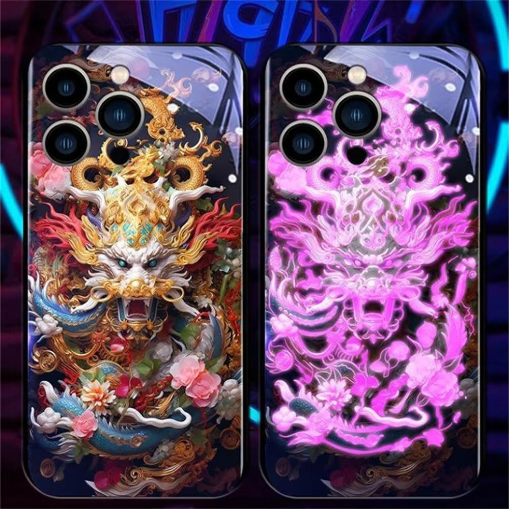 Premium Apple iphone  Case, LED Flash, Sound Reactive, Shockproof, Ultra Thin, Full Body Protection, Golden Dragon Luminous Glass Cover