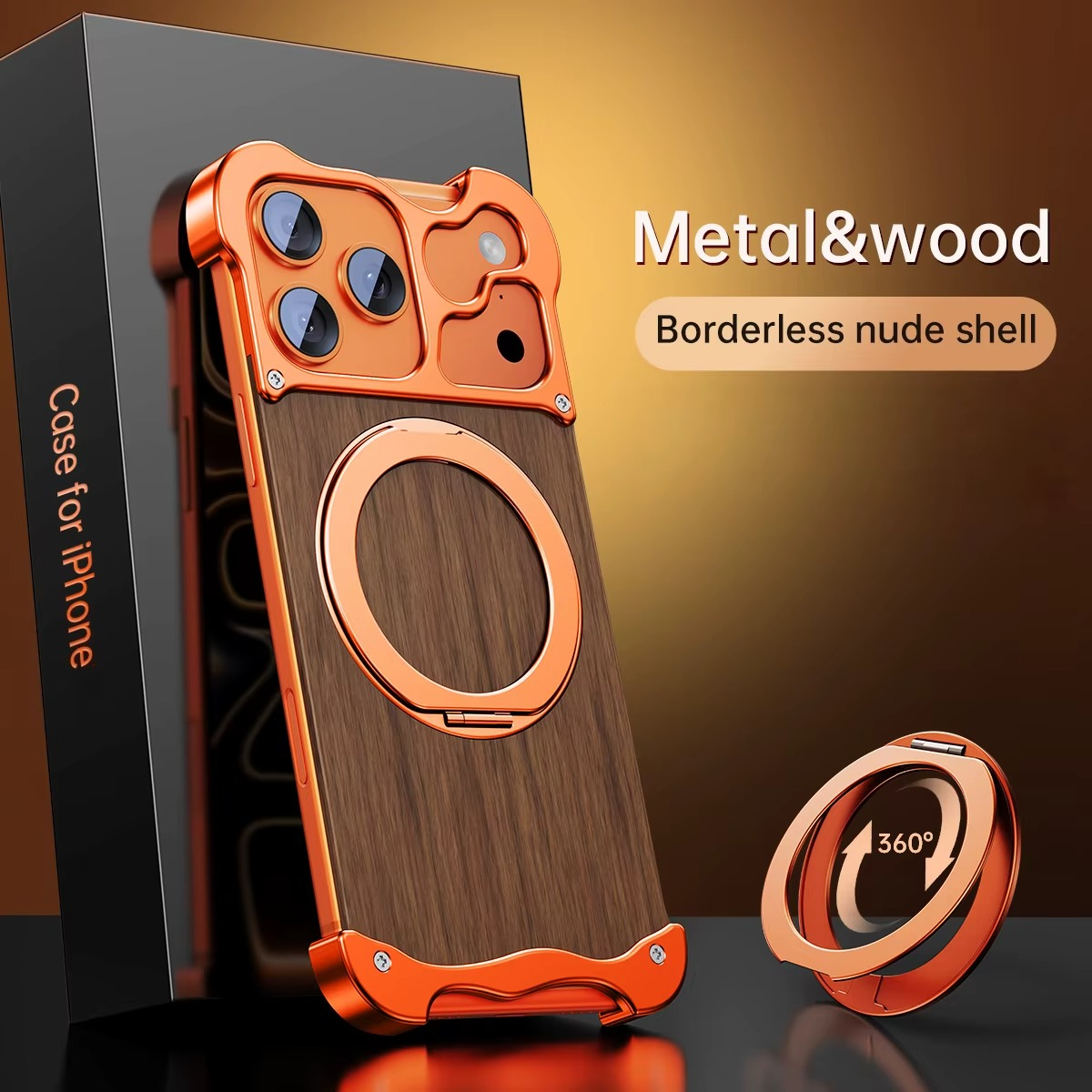 Luxury Wood & Aluminum iPhone Case – MagSafe Compatible Magnetic Cover with 360° Rotating Ring Stand, Shockproof Frame and Camera Lens Protection