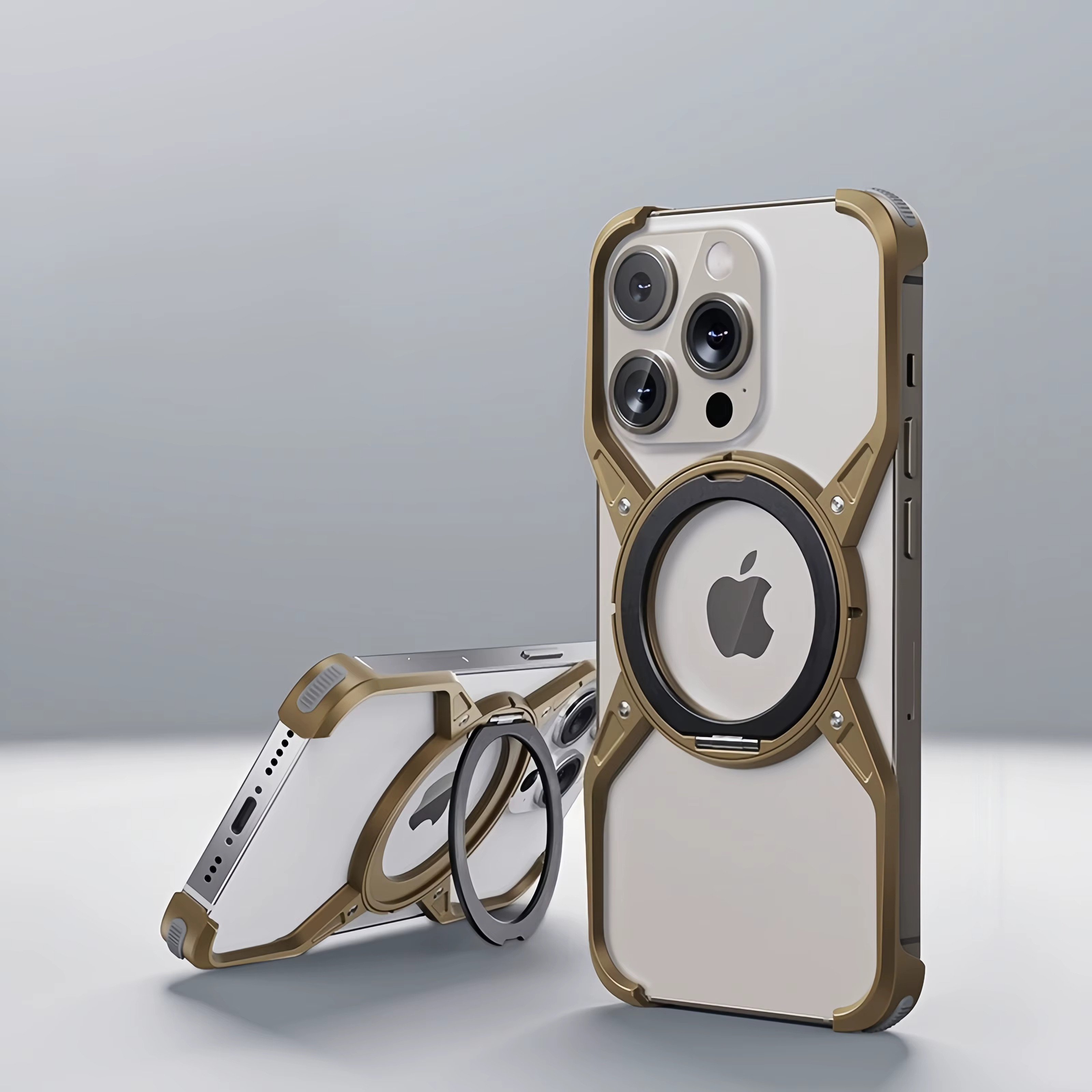 Premium Aluminum Alloy Bumper iPhone Case – MagSafe Compatible Magnetic Cover with 360° Rotating Ring Stand, Shockproof Frame and Camera Protection