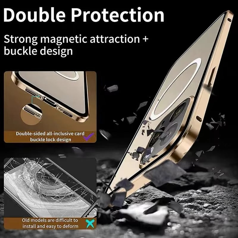 Premium Apple iPhone Case  Ultra Thin Shockproof Magnetic Full All Around Protection Cover with Metal Frame Glass Design