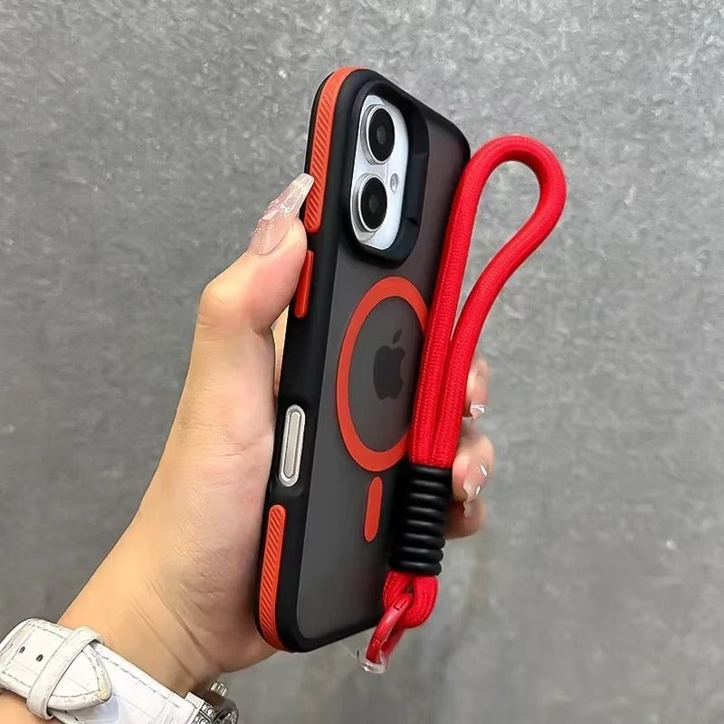 Luxury Apple iPhone Case  Ultra Thin Shockproof Magnetic Full All Around Protection Cover with Matte Stand & Wrist Strap