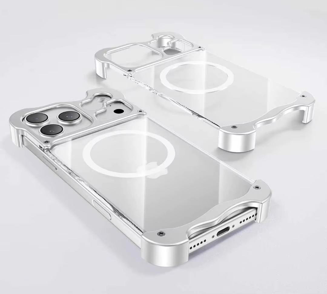 Premium Aluminum Corner Bumper iPhone Case – MagSafe Compatible Magnetic Cover with Transparent Back, Shockproof Metal Pads and Camera Protection