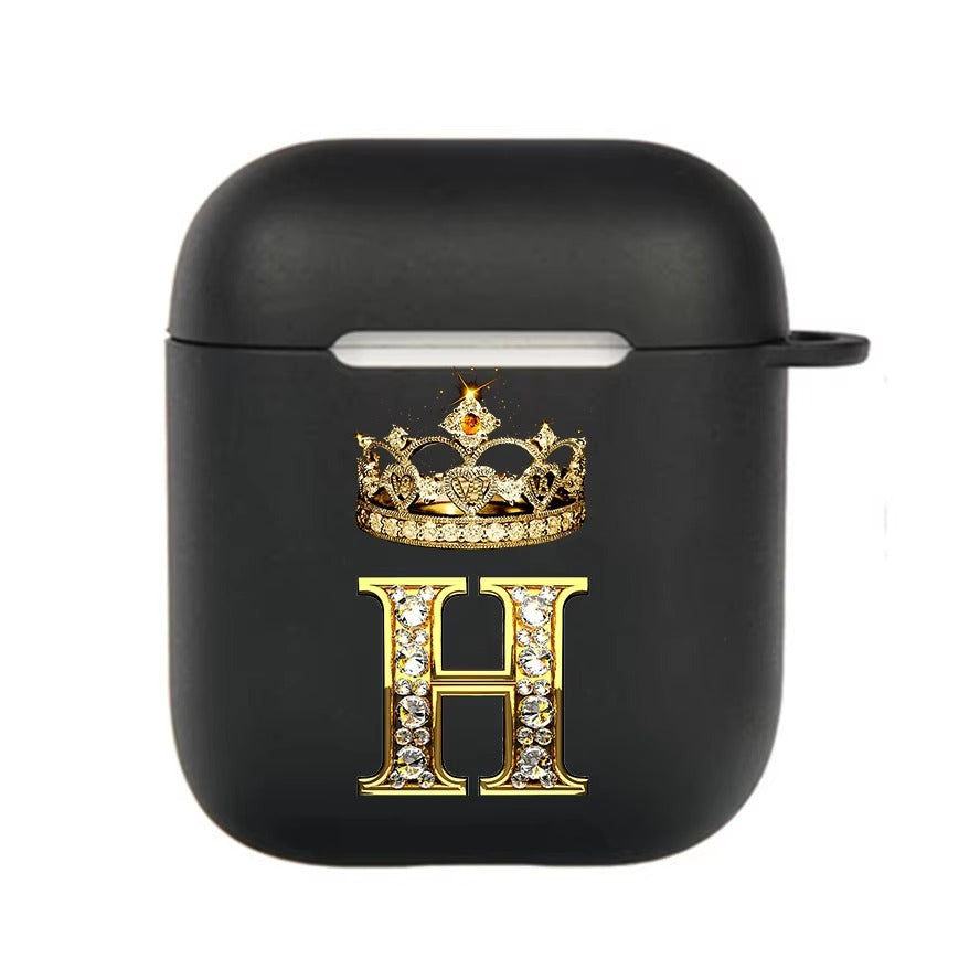 Luxury Diamond Letter AirPods Case with Hook – Black TPU Protective Cover for AirPods Pro 2, Pro, 3, 1/2, A–Z Initial Design, Scratch-Resistant, Easy Access Charging
