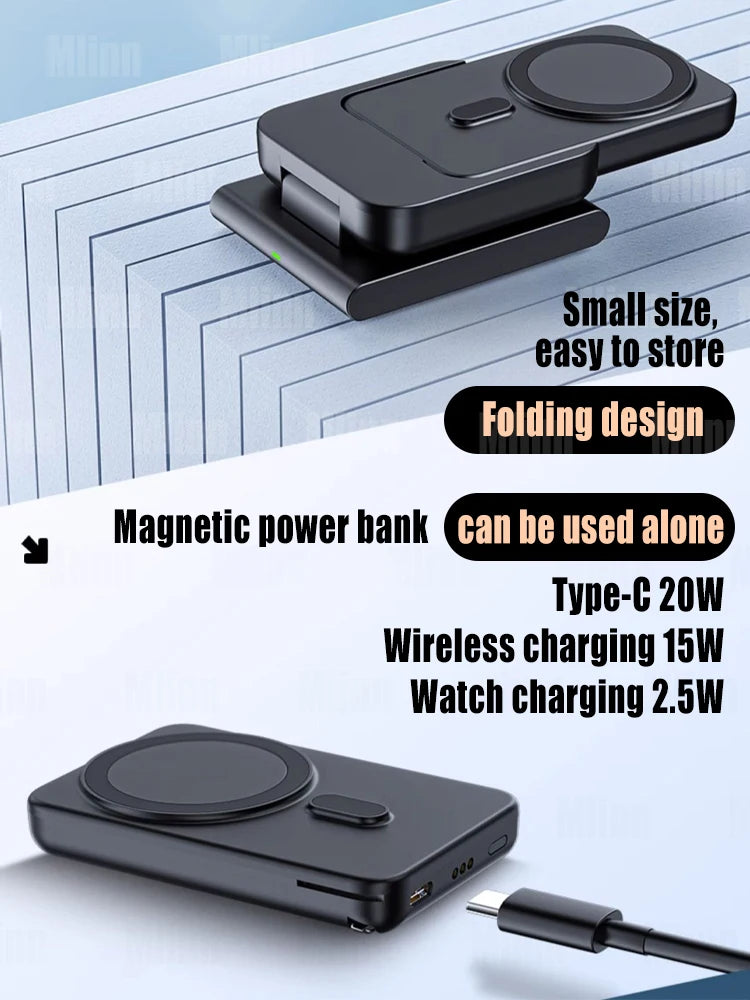 Hochwertige magnetische kabellose 3-in-1-Ladestation und tragbare Powerbank – Schnellladegerät für iPhone, Apple Watch und AirPods mit abnehmbarem Design 