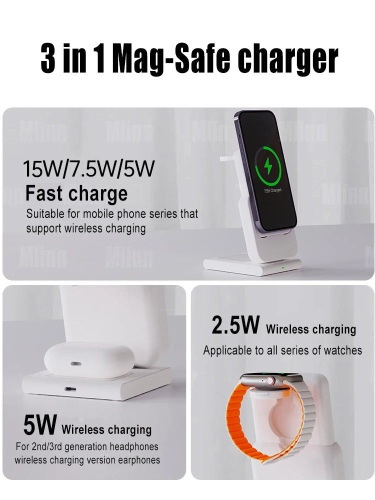 Hochwertige magnetische kabellose 3-in-1-Ladestation und tragbare Powerbank – Schnellladegerät für iPhone, Apple Watch und AirPods mit abnehmbarem Design 