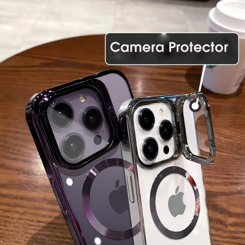 Luxury Apple iPhone Case Ultra Thin Shockproof Magnetic Full All Around Protection Cover with Transparent Plating Bracket