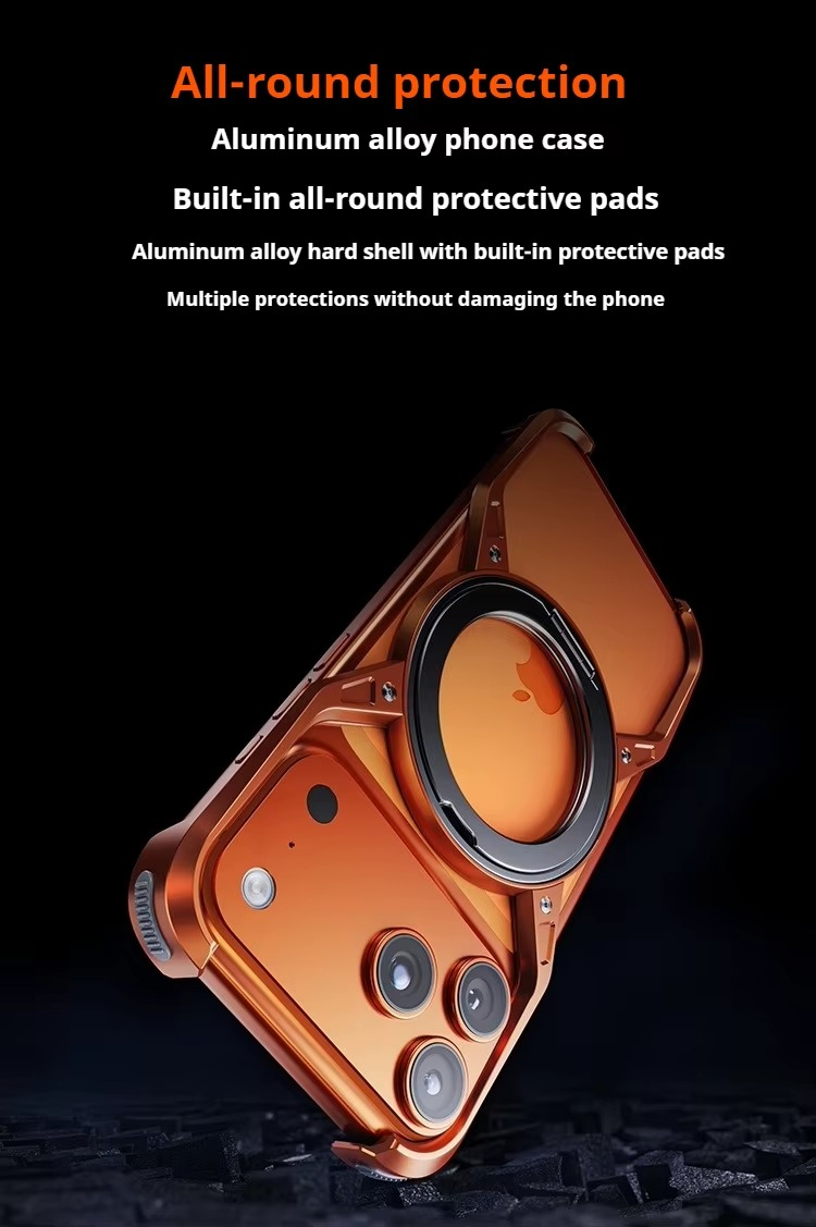 Premium Aluminum Alloy Bumper iPhone Case – MagSafe Compatible Magnetic Cover with 360° Rotating Ring Stand, Shockproof Frame and Camera Protection