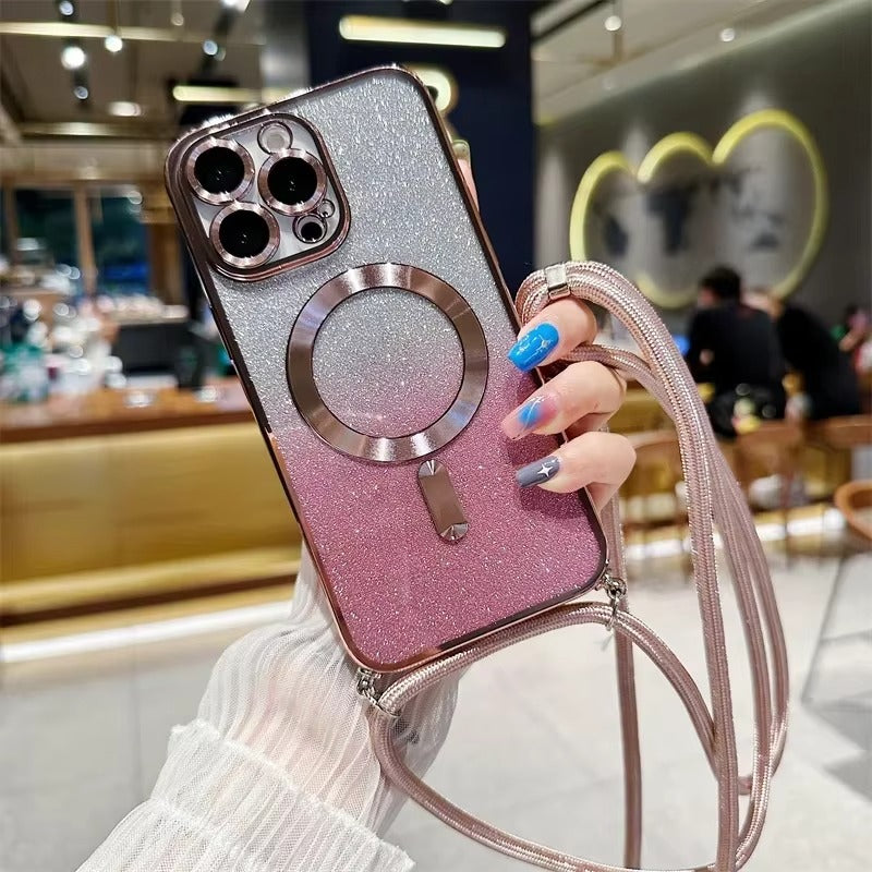 Luxury Apple iPhone Case, MagSafe Compatible, Camera Lens & Screen Protection, Ultra Thin, Shockproof, Magnetic Full All Around Cover – Glitter Crossbody Plating TPU Soft Back Case