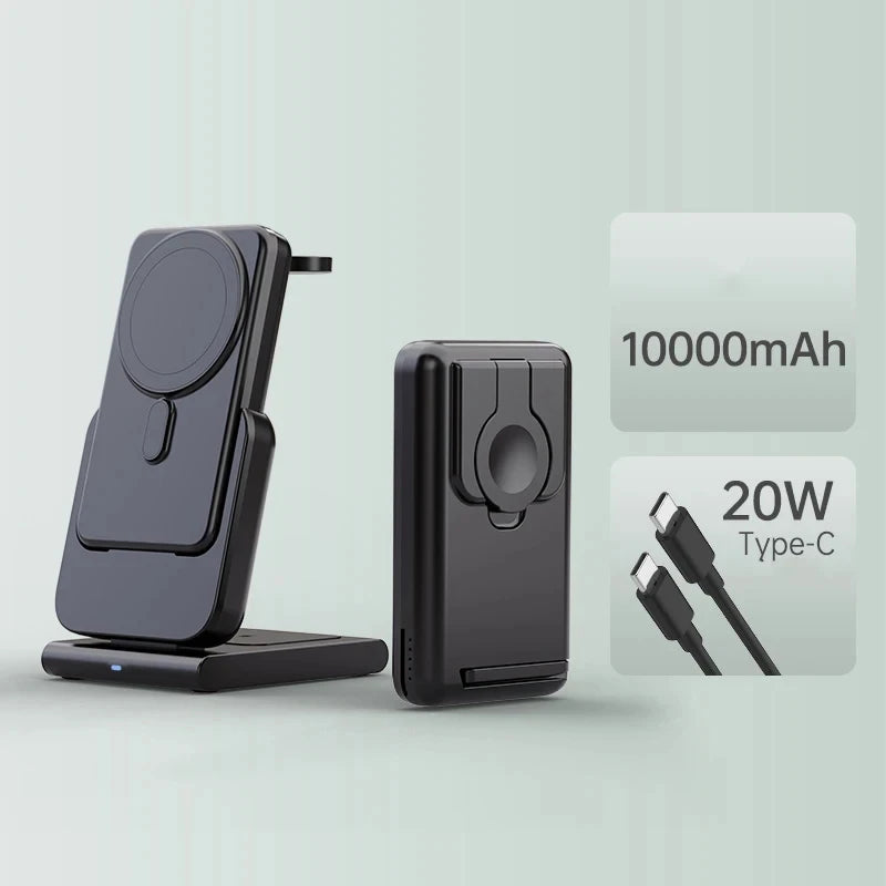Hochwertige magnetische kabellose 3-in-1-Ladestation und tragbare Powerbank – Schnellladegerät für iPhone, Apple Watch und AirPods mit abnehmbarem Design 