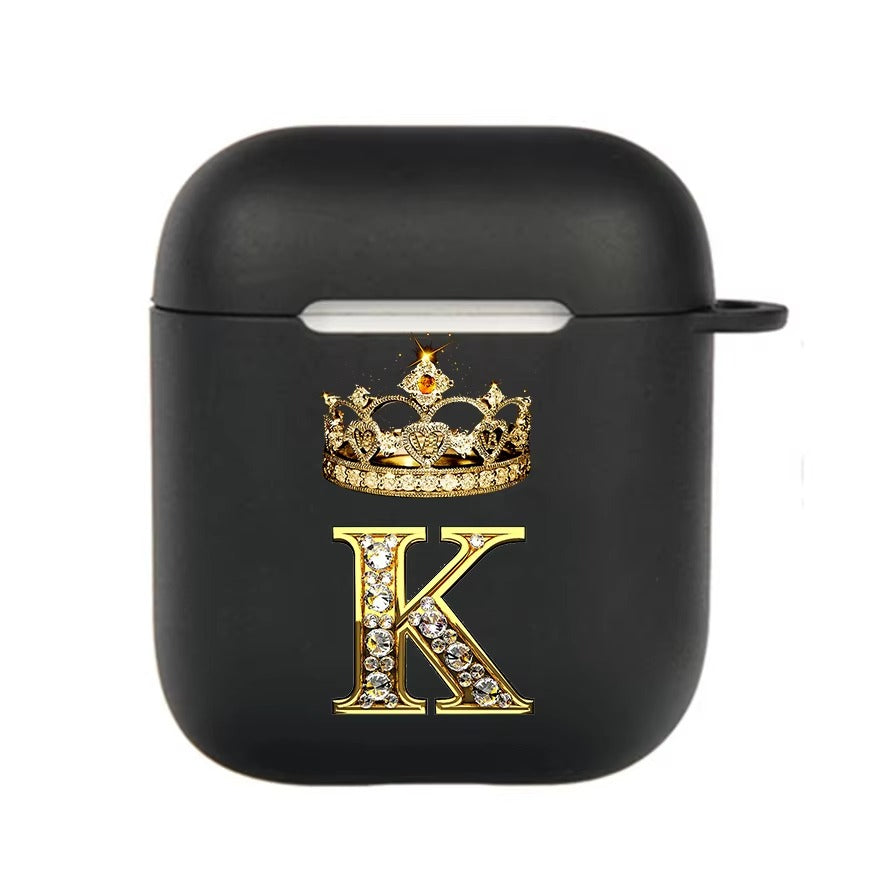 Luxury Diamond Letter AirPods Case with Hook – Black TPU Protective Cover for AirPods Pro 2, Pro, 3, 1/2, A–Z Initial Design, Scratch-Resistant, Easy Access Charging