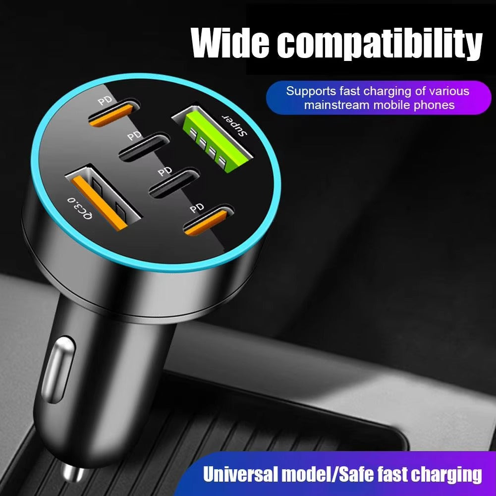 Premium 250W USB Car Charger with Digital Display – 6-Port Fast Charging PD QC3.0 Type-C Adapter, Intelligent Protection, Quick Charge