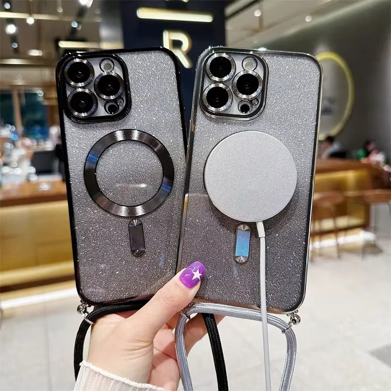 Luxury Apple iPhone Case, MagSafe Compatible, Camera Lens & Screen Protection, Ultra Thin, Shockproof, Magnetic Full All Around Cover – Glitter Crossbody Plating TPU Soft Back Case