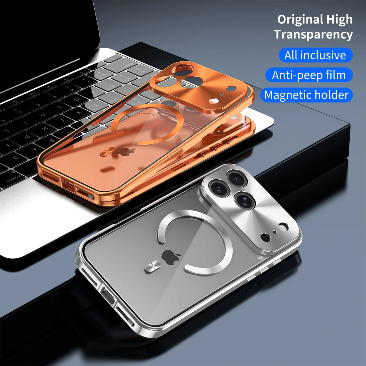 Premium Aluminum Frame iPhone Case – MagSafe Compatible Magnetic Cover with Built-in Privacy Screen Protector, Raised Camera Lens Guard and Clear Back