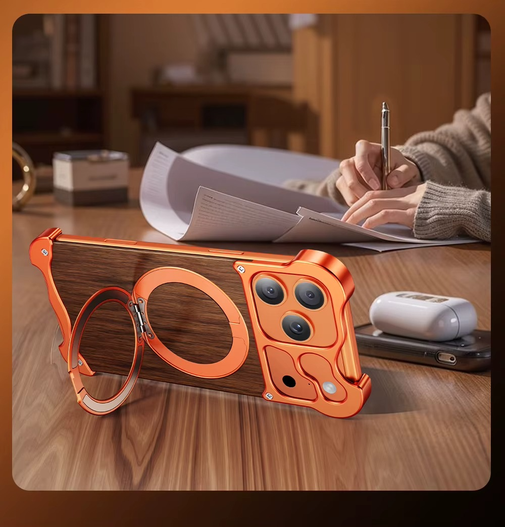 Luxury Wood & Aluminum iPhone Case – MagSafe Compatible Magnetic Cover with 360° Rotating Ring Stand, Shockproof Frame and Camera Lens Protection