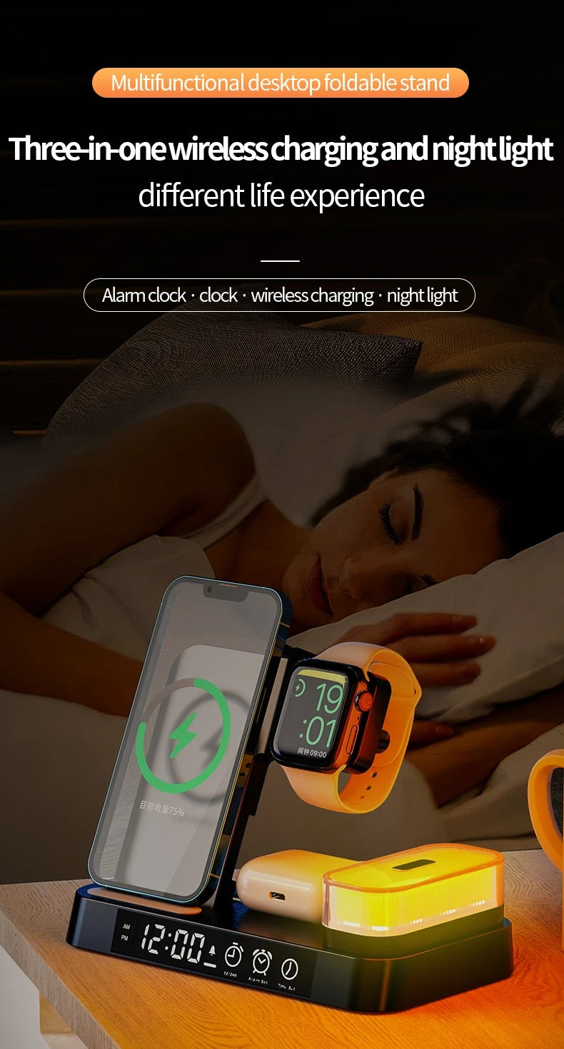 Premium 3 in 1 Wireless Charging Station – 30W Fast Charger Stand with Alarm Clock, Removable RGB Night Light for Phones, Apple Watch, Samsung Watch & AirPods