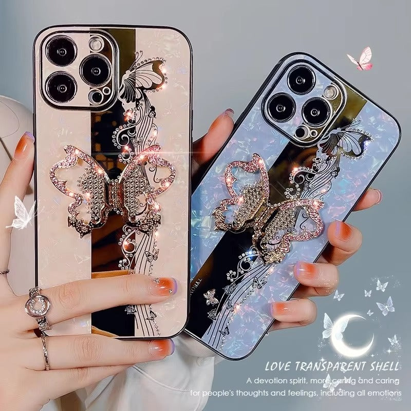 Fashion Apple iPhone Case, MagSafe Compatible, Camera Lens & Screen Protection, Ultra Thin, Shockproof, Magnetic Full All Around Cover – Butterfly Ring Holder Case with Full Shockproof Armor Back for Girls