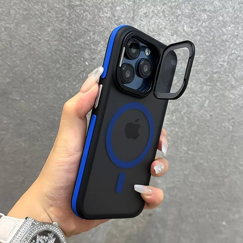 Luxury Apple iPhone Case  Ultra Thin Shockproof Magnetic Full All Around Protection Cover with Matte Stand & Wrist Strap