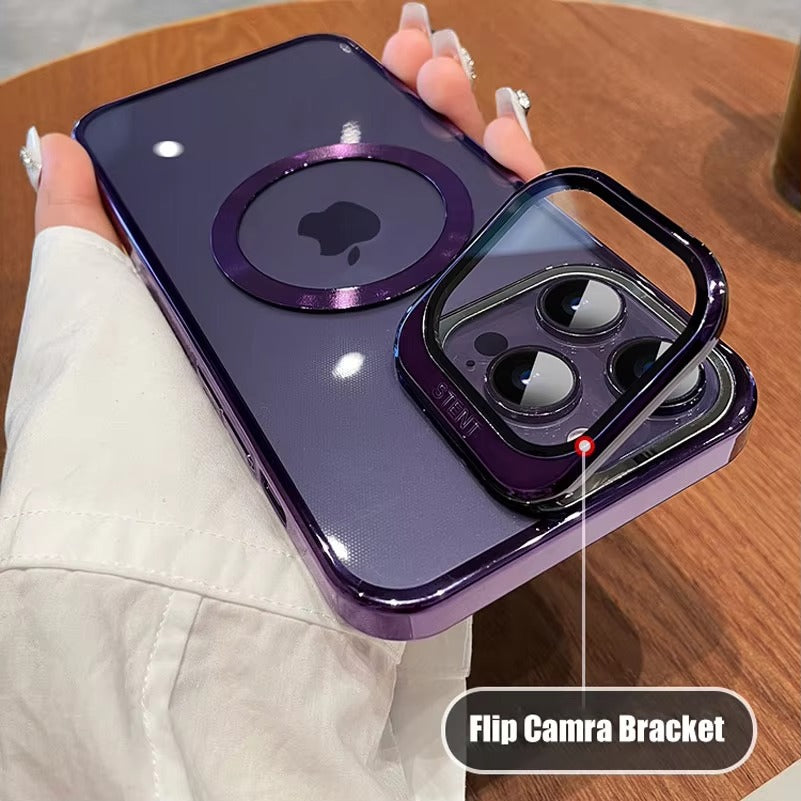 Luxury Apple iPhone Case Ultra Thin Shockproof Magnetic Full All Around Protection Cover with Transparent Plating Bracket