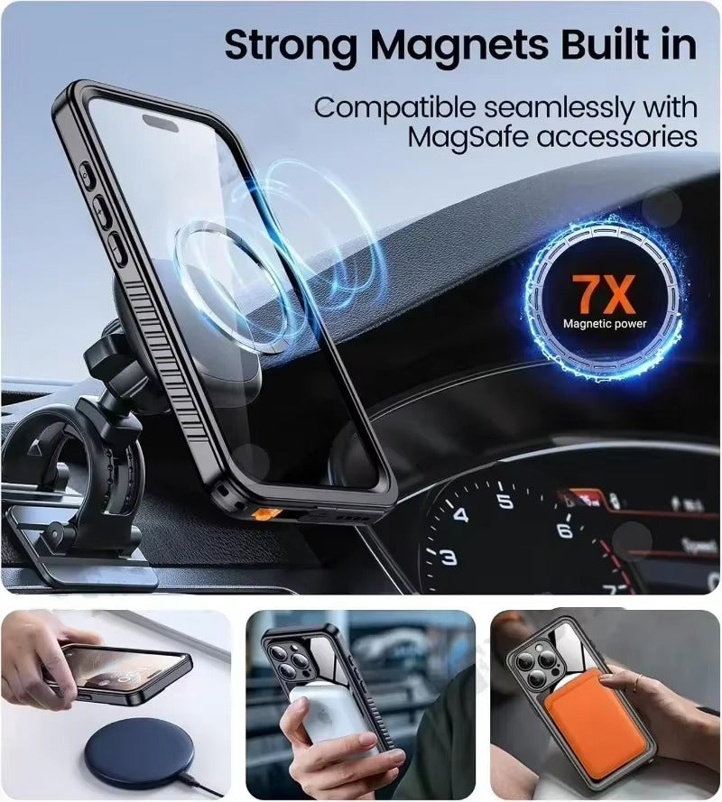 Premium Apple iPhone Case MagSafe Compatible, Camera Lens & Screen Protection, Ultra Thin Shockproof Magnetic Full All Around Protection Cover with IP68 Waterproof Diving Shell