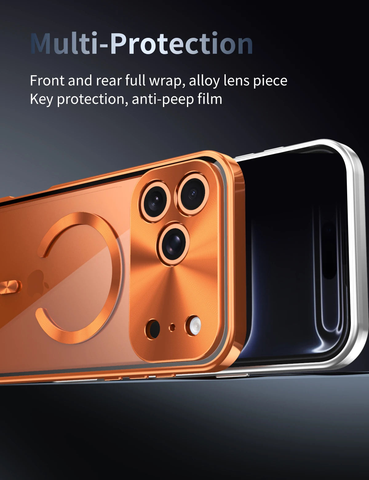 Premium Aluminum Frame iPhone Case – MagSafe Compatible Magnetic Cover with Built-in Privacy Screen Protector, Raised Camera Lens Guard and Clear Back