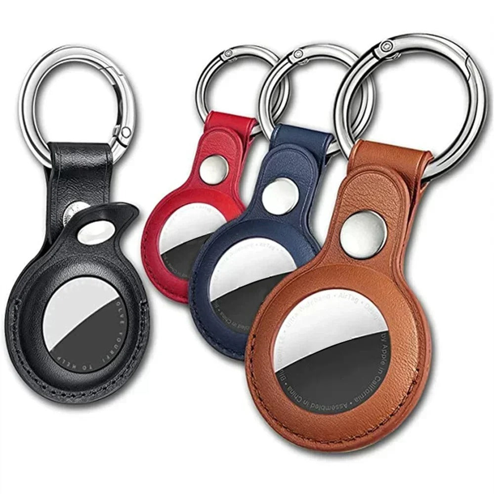 Luxury Leather AirTag Keychain Holder – Anti-Scratch Pet Tracker Cover, Secure Snap Button, Stylish Protective Case for iOS, Key Ring Included
