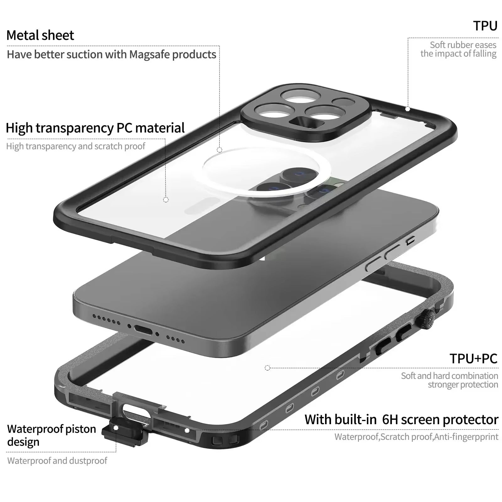 Premium Apple iPhone Case MagSafe Compatible, Camera Lens & Screen Protection, Ultra Thin Shockproof Magnetic Full All Around Protection Cover with IP68 Waterproof Diving Shell