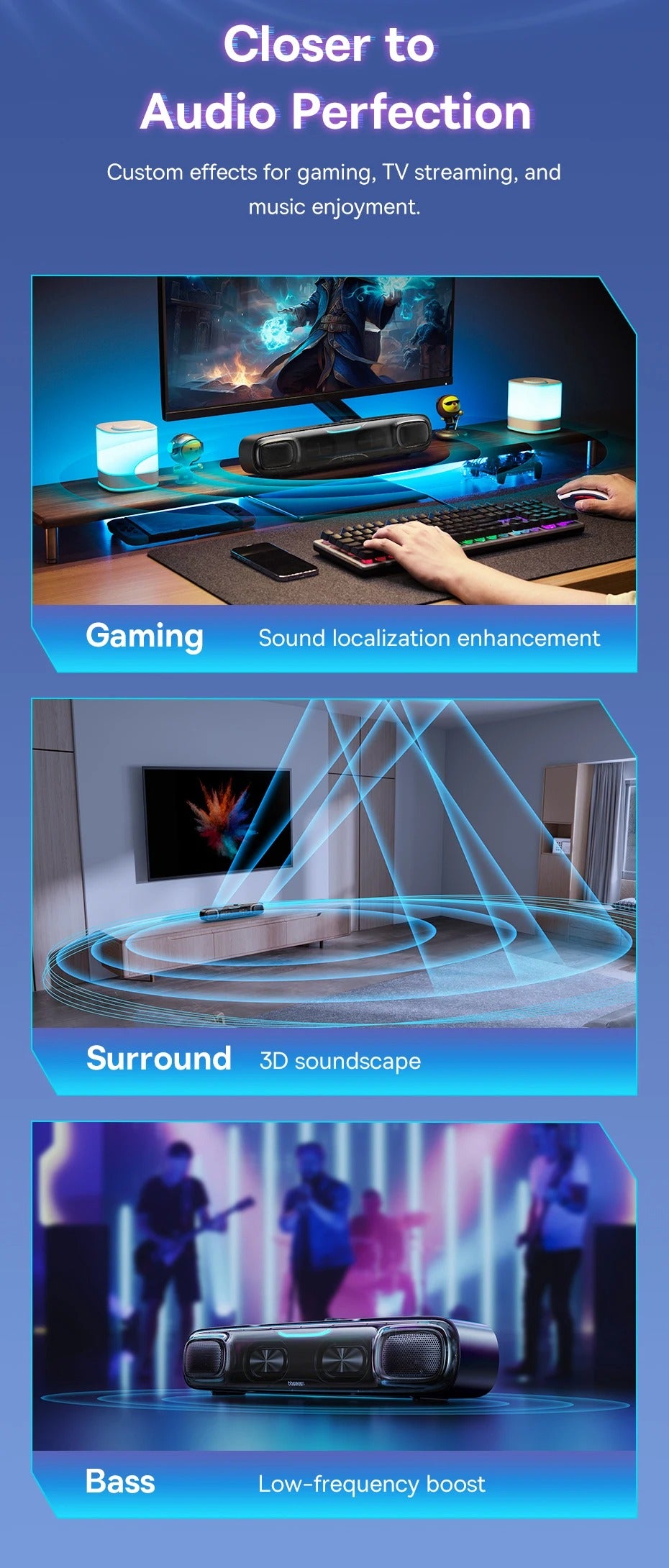 Premium Mini Bluetooth Soundbar for iPhone & Mac – Desk Speaker with 3D Surround Audio, Triple-Mode Playback, Subwoofer 