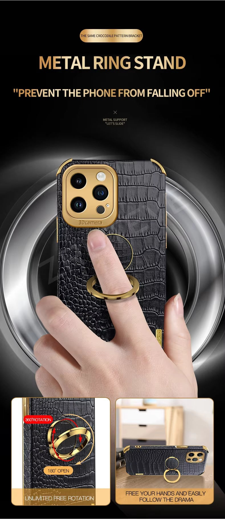 Premium Apple iPhone Case MagSafe Compatible, Camera Lens & Screen Protection, Ultra Thin Shockproof Magnetic Full All Around Protection Cover with Crocodile Leather Ring Holder