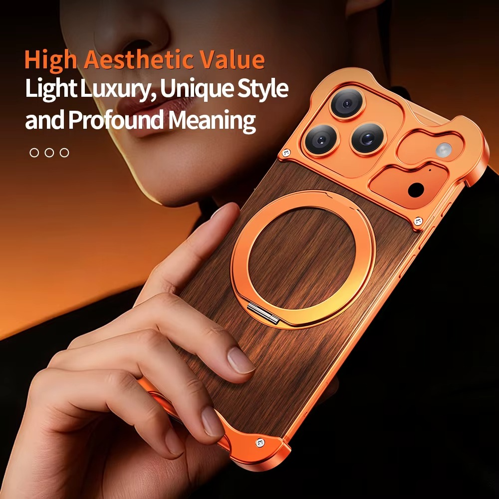 Luxury Wood & Aluminum iPhone Case – MagSafe Compatible Magnetic Cover with 360° Rotating Ring Stand, Shockproof Frame and Camera Lens Protection