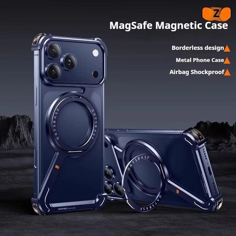 Premium Aluminum Magnetic iPhone Case – MagSafe Compatible Frameless Shockproof Protector with 360° Rotating Stand Ring and Camera Lens Guard