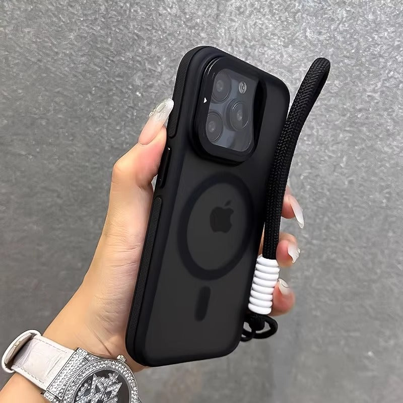 Luxury Apple iPhone Case  Ultra Thin Shockproof Magnetic Full All Around Protection Cover with Matte Stand & Wrist Strap