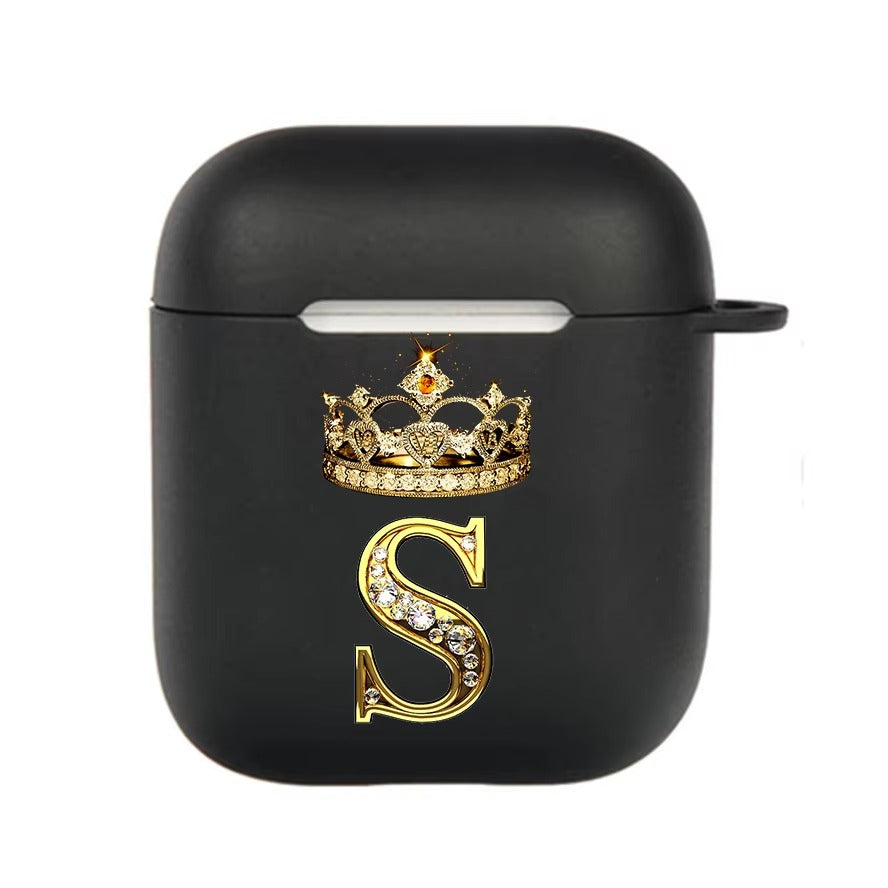 Luxury Diamond Letter AirPods Case with Hook – Black TPU Protective Cover for AirPods Pro 2, Pro, 3, 1/2, A–Z Initial Design, Scratch-Resistant, Easy Access Charging