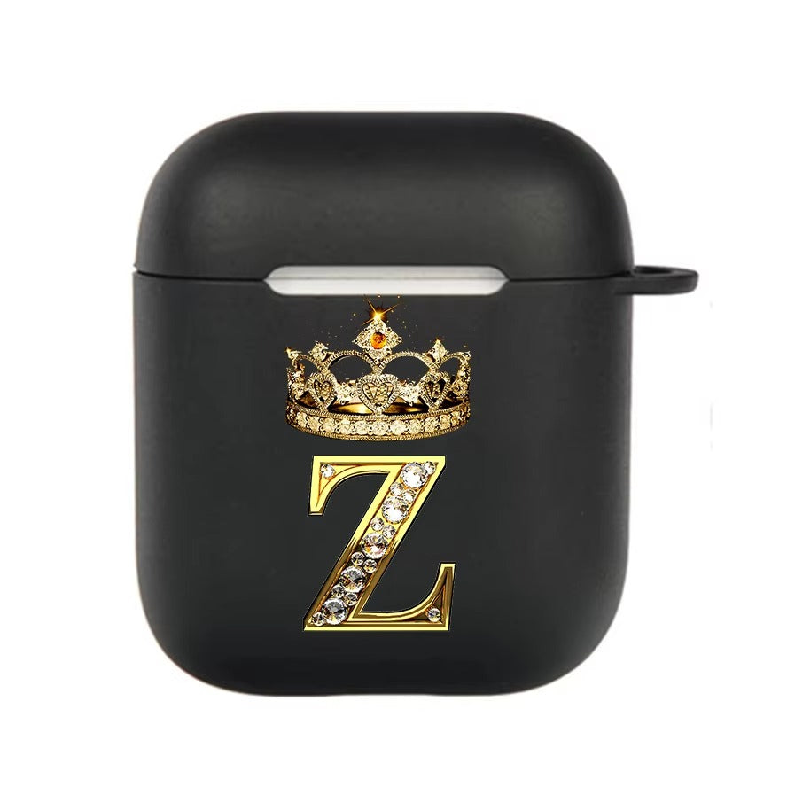 Luxury Diamond Letter AirPods Case with Hook – Black TPU Protective Cover for AirPods Pro 2, Pro, 3, 1/2, A–Z Initial Design, Scratch-Resistant, Easy Access Charging