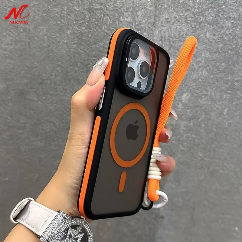 Luxury Apple iPhone Case  Ultra Thin Shockproof Magnetic Full All Around Protection Cover with Matte Stand & Wrist Strap